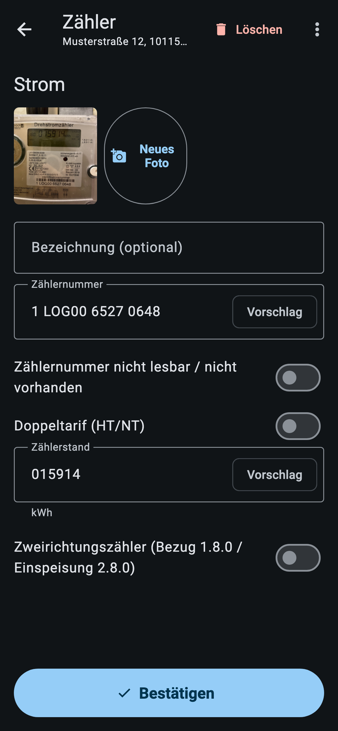 handovr App: Zählerformular mit erkannter Zählernummer und erkanntem Zählerstand