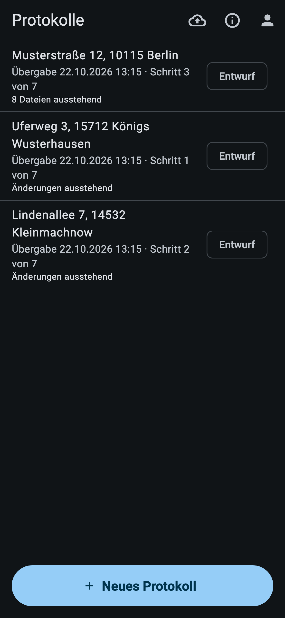 App-Ansicht: Protokollliste mit Entwürfen und Sicherungsstand