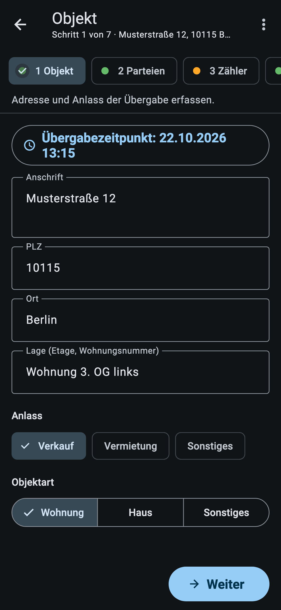 App-Ansicht: Schritt 1 Objekt mit Adresse, Anlass und Objektart