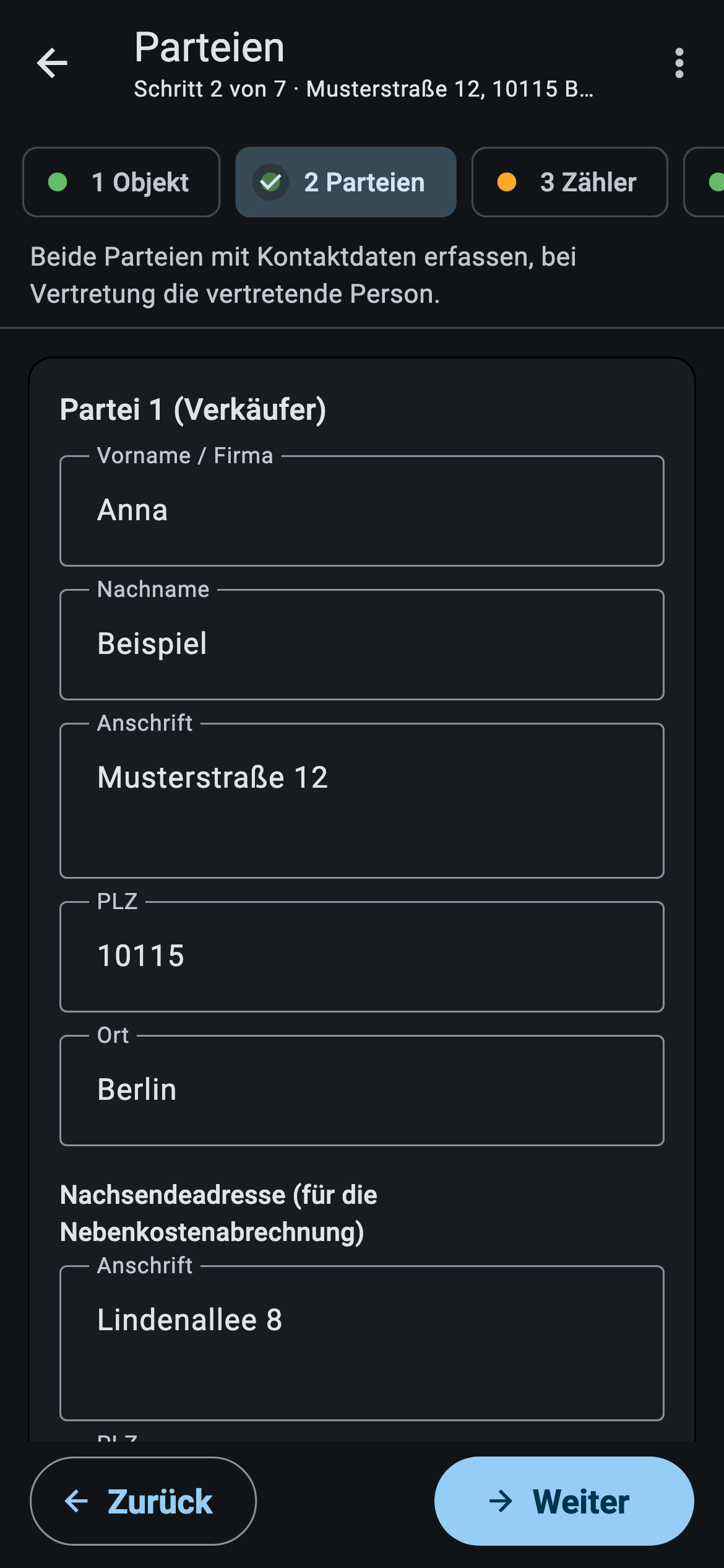 App-Ansicht: Schritt 2 Parteien mit Verkäuferin und Käufer