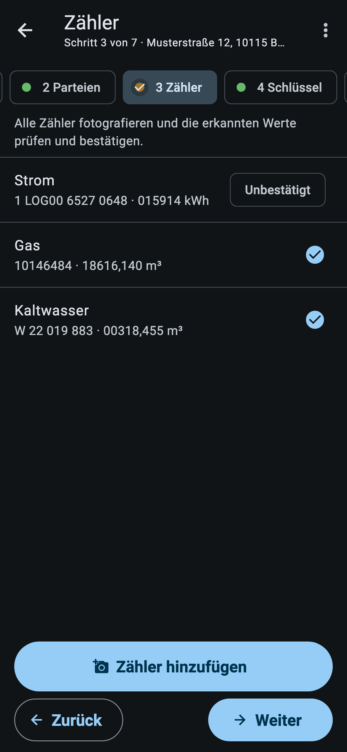 App-Ansicht: Schritt 3 Zähler mit Strom, Gas und Wasser