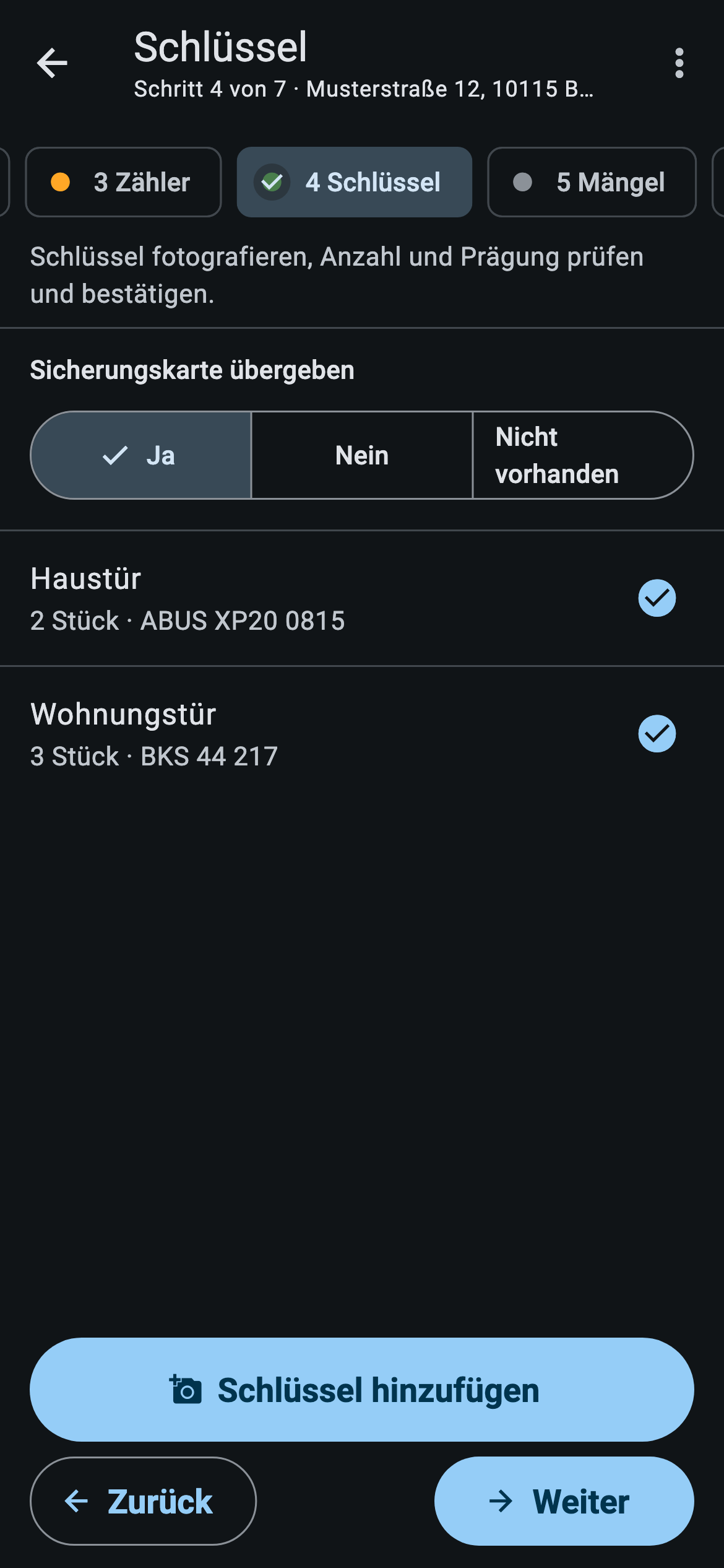 App-Ansicht: Schritt 5 Schlüssel mit Haustür- und Wohnungsschlüsseln