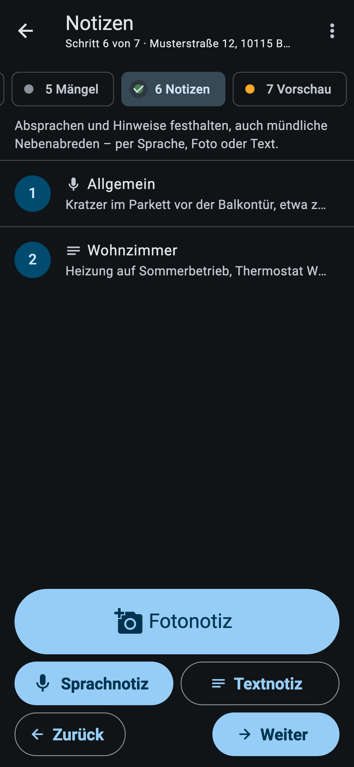 App-Ansicht: Schritt 4 Notizen mit Sprachnotiz und Textnotiz